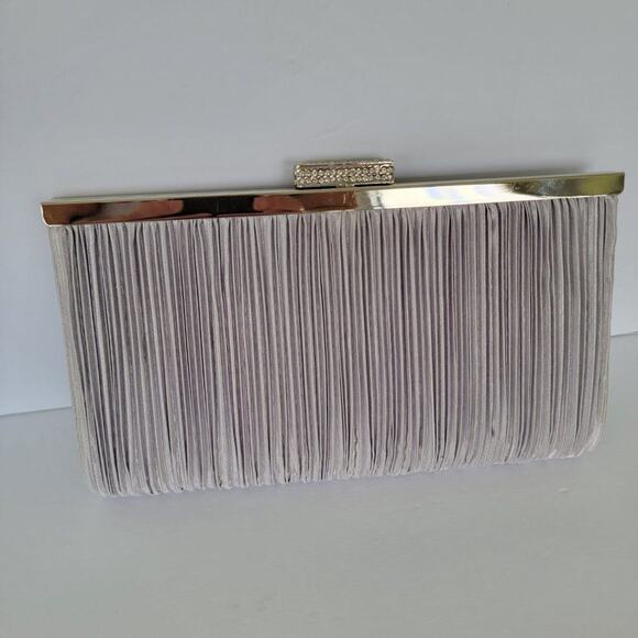 Charming Charlie Silver Ruched Satin Clutch Formal Jeweled Evening Bag - Picture 2 of 12